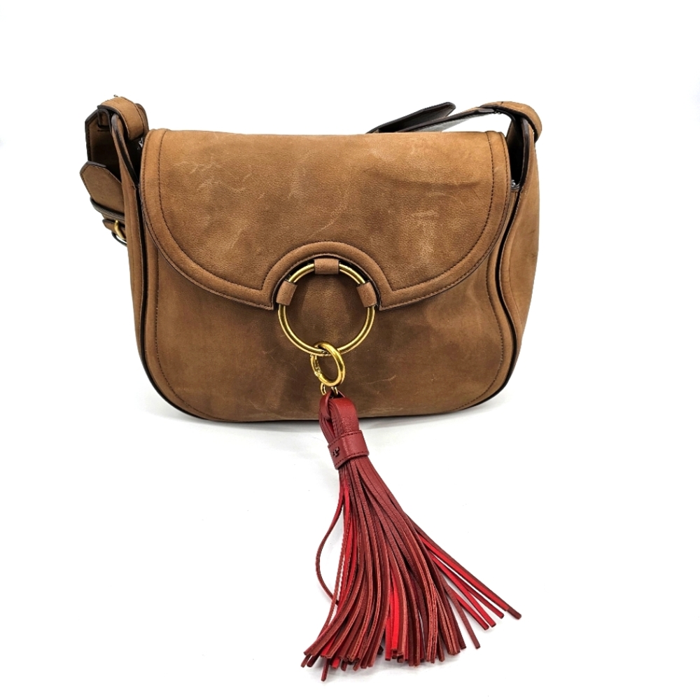 TORY BURCH Large Tassel Shoulder Bag- River Rock leather with removeable tassel